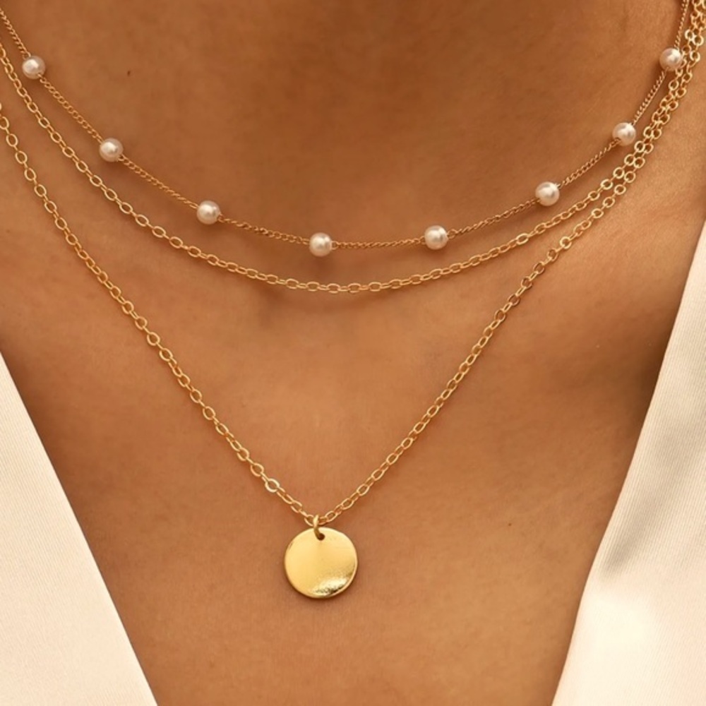 Anthropologie Minimalist Pearl Gold Pendant Layered Necklace coin BRAND new
